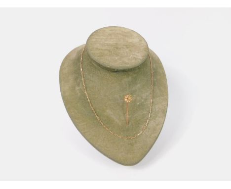 A seed pearl and diamond set crescent moon and star tie pin, set in yellow metal, stamped 18ct, 1.7g, and a 9ct gold neck cha
