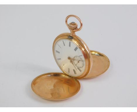 An Omega 14ct gold gentleman's hunter pocket watch, keyless wind, enamel dial bearing Roman numerals, subsidiary seconds dial