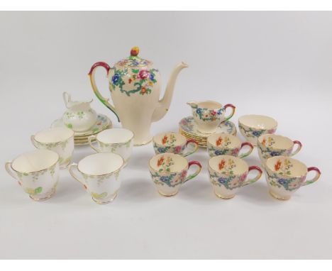 A Royal Cauldon pottery part coffee service decorated in the Victoria pattern,  comprising coffee pot, cream jug, sugar bowl,