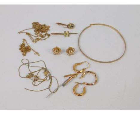 A 9ct gold bangle, earrings, neck chains, bar brooches, etc, 18.1g all in. 