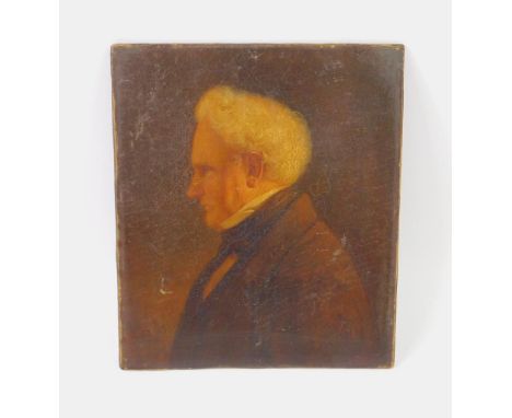 English School (early 19thC). Half length profile portrait of a gentleman, oil on board, 17cm x 14.5cm.