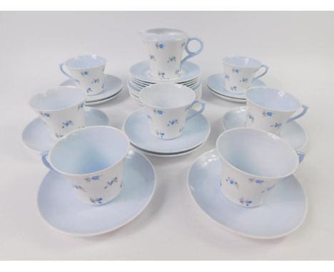 A Shelley porcelain part tea service decorated in the Charm pattern, Regent shape, turquoise border, comprising cream jug, se