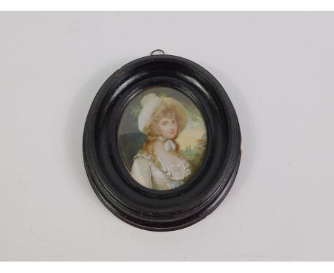 After Hoppner. Half length portrait of a lady, watercolour miniature, 9cm x 7cm.