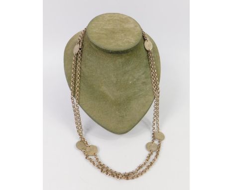 A belcher link long guard muff chain, set with Canadian one cent coins at intervals, on a bolt ring clasp, 2.85oz.