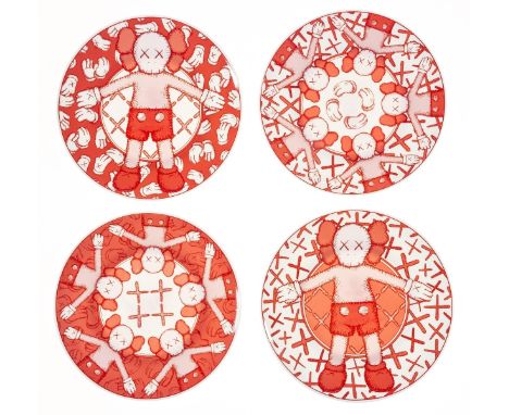 KAWS (b.1974)Holiday Taipei Plate Set (Red)The complete set of four ceramic plates printed in colours, 2019, housed within th