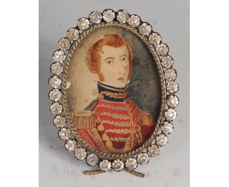English school, 19th century, Portrait of a young soldier in uniform, water-colour, bearing label verso "Ensign DACRE 114 Foo