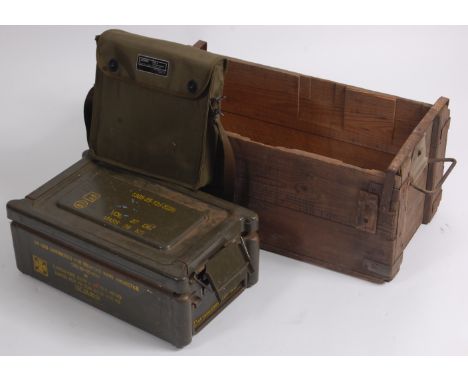 A cased Racal Field telephone, together with a pine aircraft incendiary bomb carrier and a green painted ammunition case. (3)