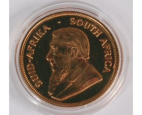 South Africa, 1978 gold krugerrand, obv. portrait of Stephanus Johannes Paulus Kruger, rev. FYNGOUD 1oz fine gold below sprin