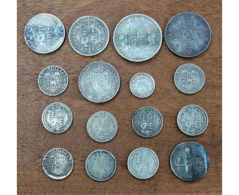 VICTORIA CROWN, 1845, DOUBLE FLORIN, 1887, HALFCROWNS (3), FLORIN (BADLY DAMAGED), SHILLINGS (9), 6d, GROATS, 1849, E.F., REV