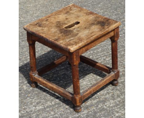 L.C.C. (LONDON COUNTY COUNCIL) 1938 SQUARE BEECH STOOL, BY A &amp; F, ON FOUR TURNED COLUMN LEGS AND STRETCHERS&nbsp;(H. 40 C