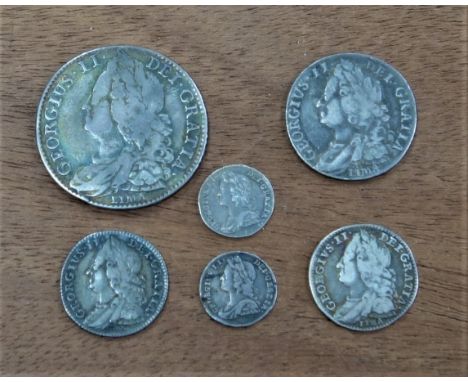 GEORGE II HALFCROWN, LIMA, 1745, SHILLING, 1745, LIMA, 6d's, 1746, LIMA, 1758, AND 2d's, 1732 AND 1737 (6)