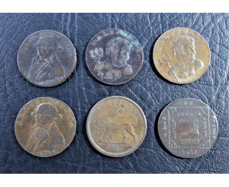 BRITISH 18TH CENTURY TOKENS, HALFPENNY. OB. NEPTUNE WITH TRIDENT, ?HALFPENNY?, REV. WHALERS IN A ROWING BOAT ABOUT TO HARPOON