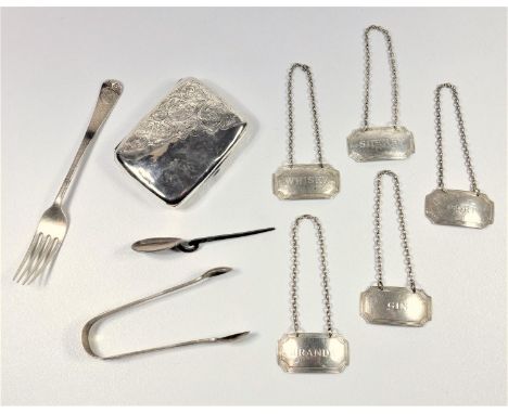 PAIR OF LATE VICTORIAN SILVER BRIGHTCUT AND SHELL PATTERN SUGAR TONGS, LONDON 1893, CHRISTENING FORK, 'ROMAN' SPOON, FIVE BOT