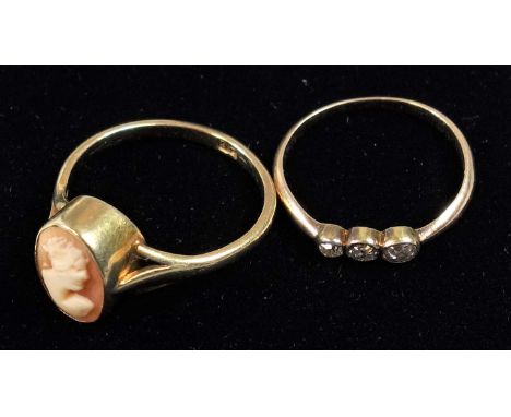 GOLD RING SET THREE DIAMONDS 10 PTS APPROX., SIZE L, TESTED AS 18ct  1.1 GRAMS AND A 9ct GOLD RING, SET CAMEO, SIZE N 1/2, 2.