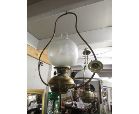 A hanging oil lamp complete with burner and shade.  (Collect only)