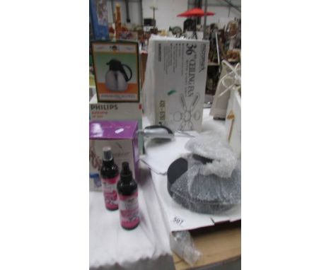 A new boxed ceiling fan, a new battery operated light,  a vacuum jug etc., (Collect only)