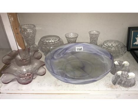 A quantity of glass vases, bowls, candlestick holders &amp; a large Portmeirion bowl
