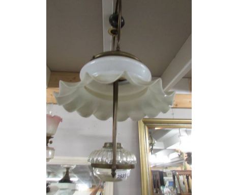 A hanging oil lamp with glass font and large shade, no burner,  (Collect only)