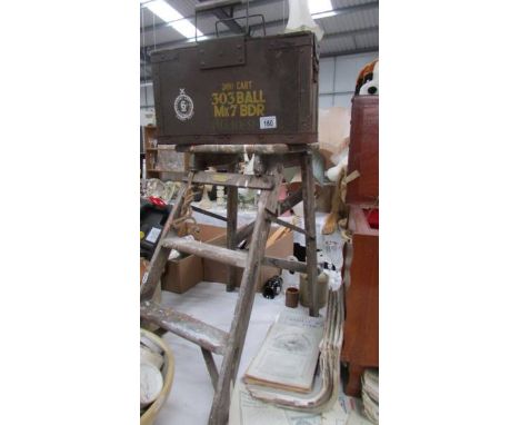 A plywood ammunition box (0.303 Ball MK7 BDR) and a wooden step ladder. (Collect only)