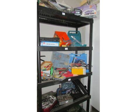 Four shelves of workshop tools and sundries including a "Bricky" and a Dustbuster. (Collect only)(Shelves not included)