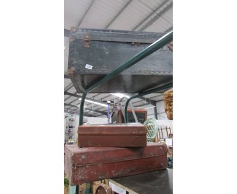 An old cabin trunk and two leather suitcases. (Collect only)