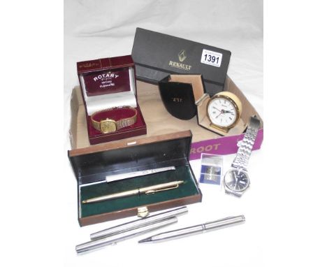 A quantity of miscellaneous pens and wristwatches including Rotary etc