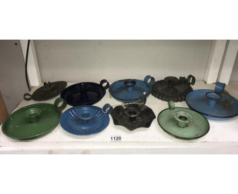 A quantity of old metal &amp; enamel chamber candlesticks