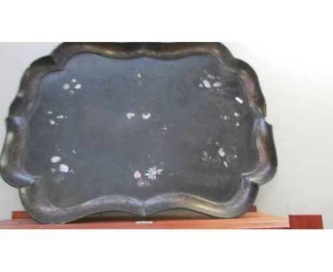A large 19th C oriental lacquered tray inlaid with mother of pearl a/f