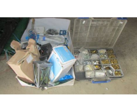 Two boxes of assorted tools, screws etc., (collect only)