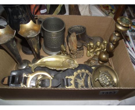A box of mixed brassware etc including Lincoln Imp candlestick, pewter tankard etc
