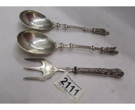 2 silver 'apostle' spoons - I S Greenberg &amp; Co., Birmingham 1902 and a silver pickle fork (B &amp; M).