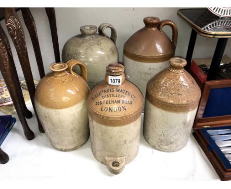 5 vintage stoneware flagons, including water filter &amp; 2 named