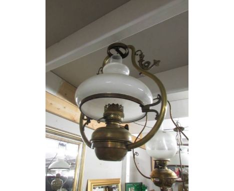 A hanging oil lamp complete with burner and shade.  (Collect only)
