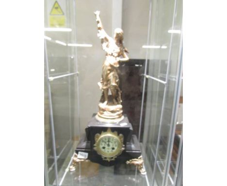 A 19th century French marble and gilt mantle clock with enamel dial and surmounted female figure.  (Collect only)