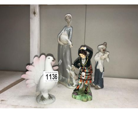 A vintage Carl Sheidig 'fantail dove', Radnor 'Wee Lassie Macintosh' a Nao figure (loose part inside) &amp; a Spanish figure