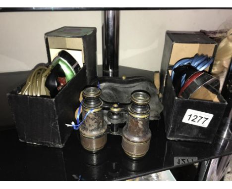 Two boxed vintage travelling irons and a cased set of opera galasses