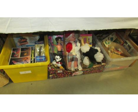 3 large boxes of vintage toys including Triang Fort, Mickey Mouse alarm clock, playing cards, dolls house furniture etc