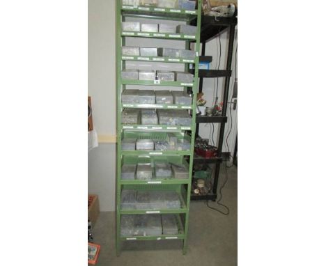 A green metal shelf unit with 40 boxes of assorted screws, nails etc., (Collect only)