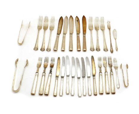 A group of silver flatware,comprising a set of six table forks, by Atkin Brothers, Sheffield 1911, a pair of sugar tongs, by 