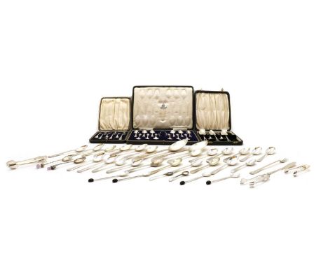 A collection of silver flatware,to include a cased set of Art Deco forks, by James Dixon &amp; Sons Ltd, Sheffield 1914, a ca