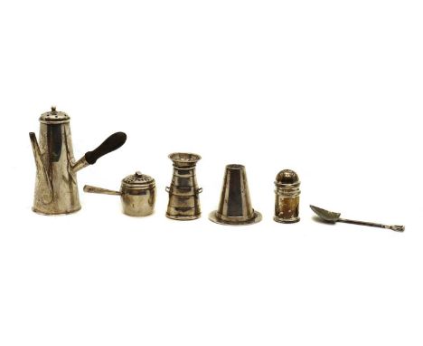 A collection of novelty silver castersto include a Victorian miniature flour dredger by T. Beardsmore, Birmingham 1899, 4cm h