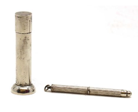 A silver swizzle stick,by Cohen &amp; Charles, Birmingham 1961,7cm wide,and a silver pounce holder,by Asprey &amp; Co Ltd, Lo