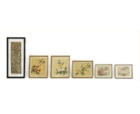 A group of five Chinese paintings,20th century, all painted with birds and flowers, signed and inscribed, ink and colour on s
