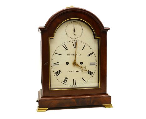 A George III mahogany bracket clock the painted dial inscribed George Rowning Newmarket, with a twin fusee striking on a bell