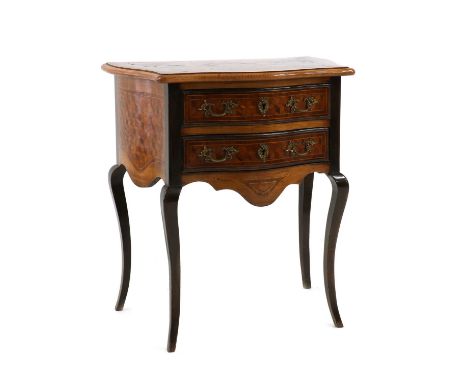 A small Transitional-style walnut, beech and parquetry commode,c.1900, French, of serpentine outline, with two drawers and ra