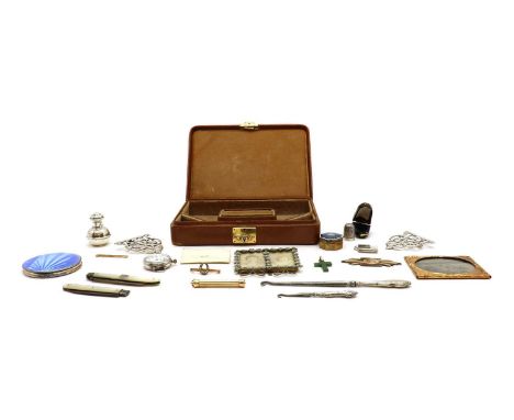 A collection of silver items,to include a guilloché enamel compact, a guilloché enamel St Christopher pendant, a William IV a