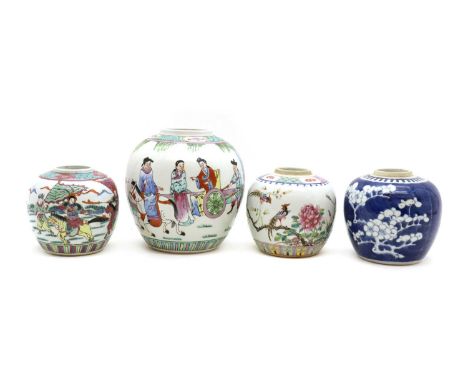 A collection of Chinese jars,19th-20th century, all of tapering form, in blue and white or famille rose, decorated with figur