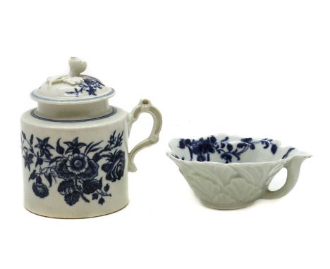 A Worcester porcelain mustard pot and cover c.1770, of sleeve form with a flower finial9.2cm hightogether with a Mansfield pa