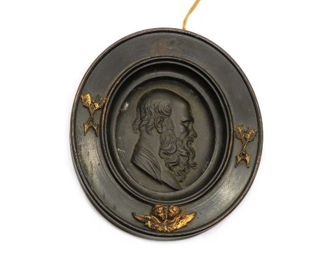 A Wedgwood basalt relief moulded portrait plaque,19th century, in an ebonised frame, impressed marks8cm wide9cm highCondition