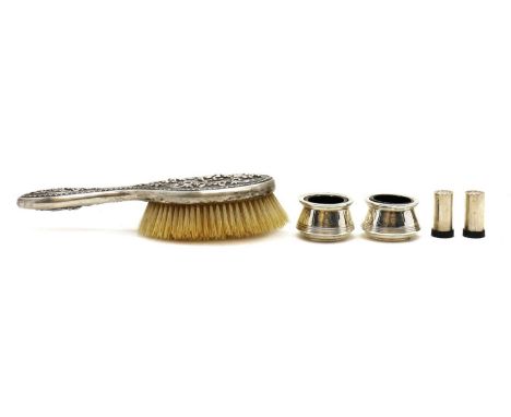 A collection of silver items, comprising a pair of open salts with blue glass liners, Chester 1916, CS &amp; FS, a pair of pe